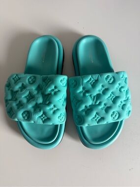 Louis Vuitton Turquoise Embossed Slide Sandals